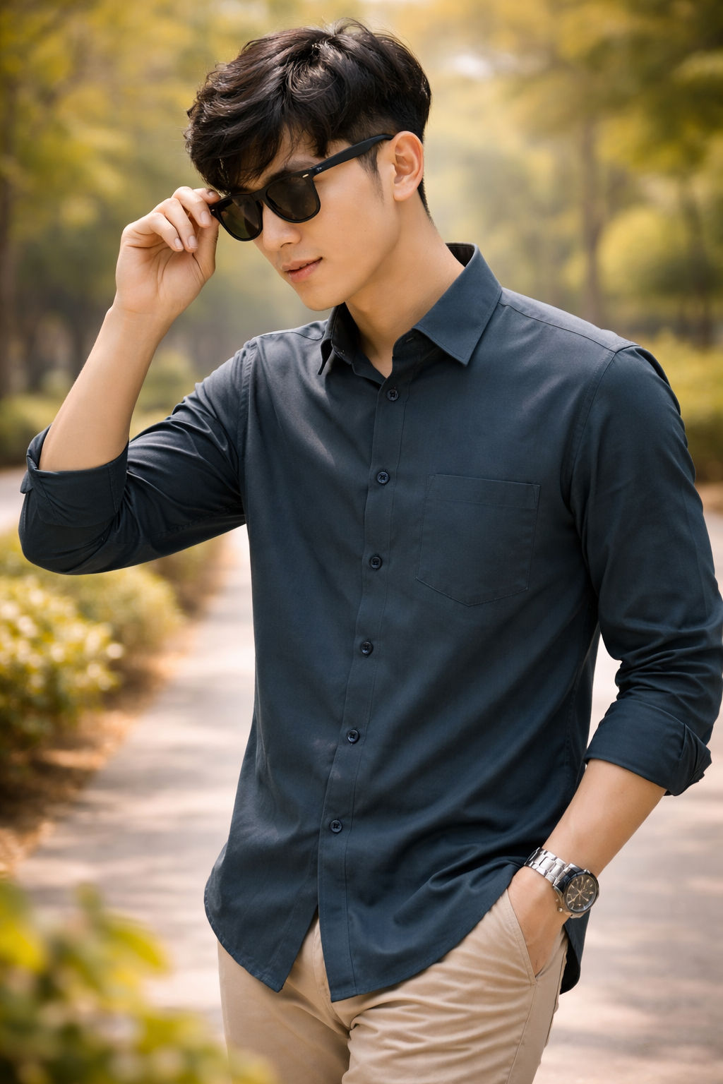 Men's green slim-fit casual shirt, product view