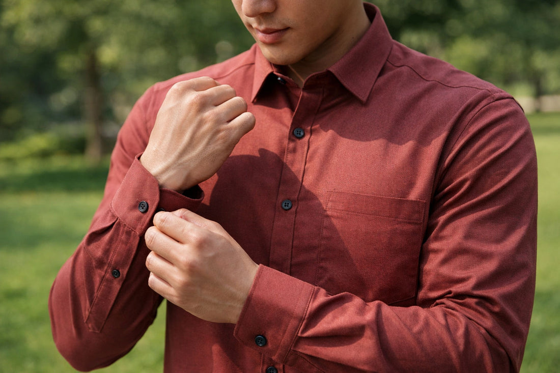 Men's burnt red slim-fit casual shirt, product view