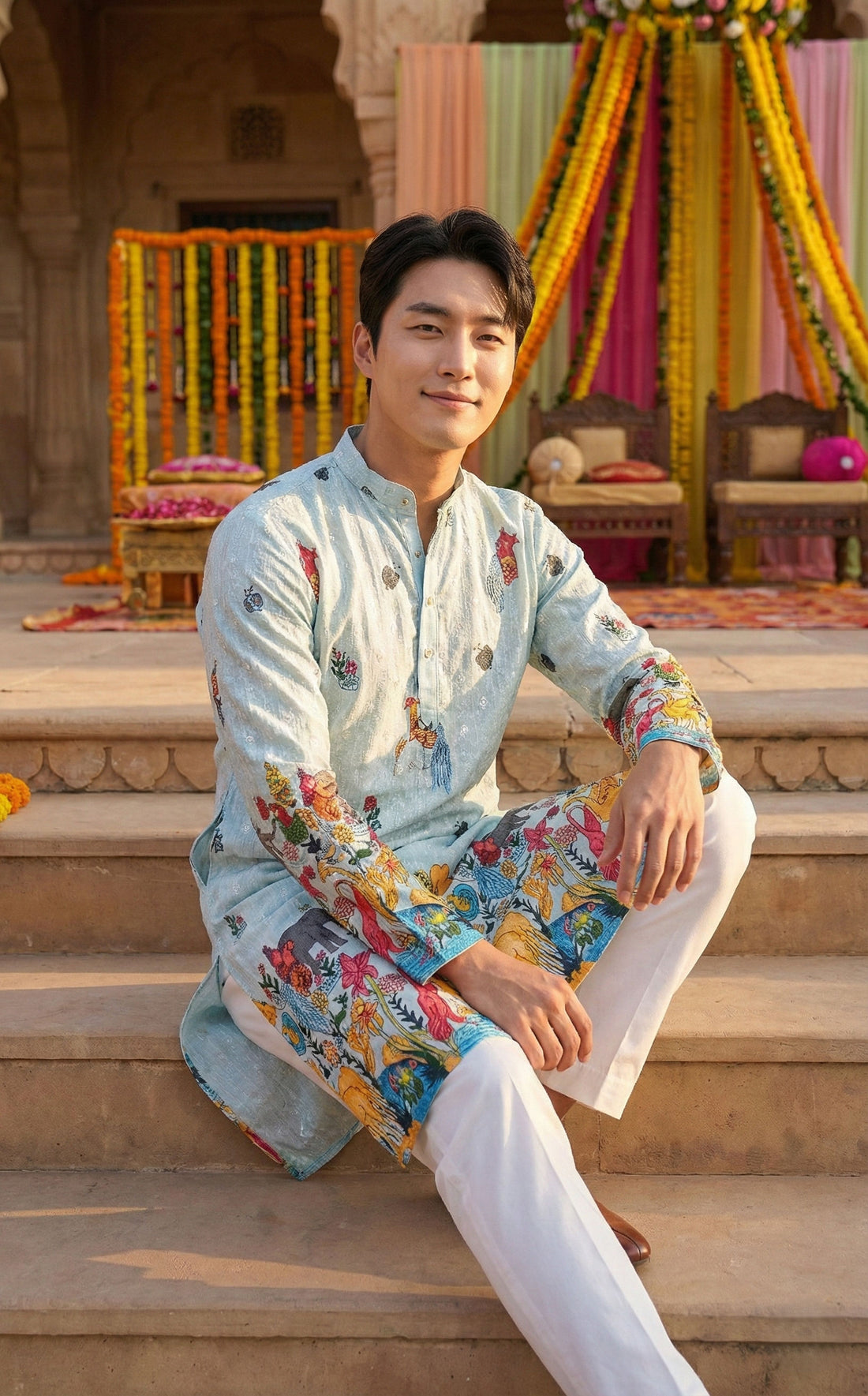Men’s Pastel Blue Animal & Floral Printed Kurta