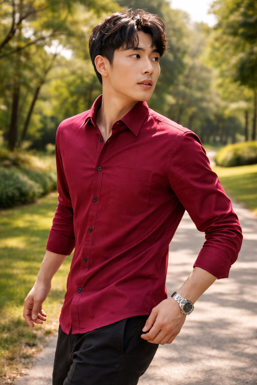 Men's red slim-fit casual shirt, product view