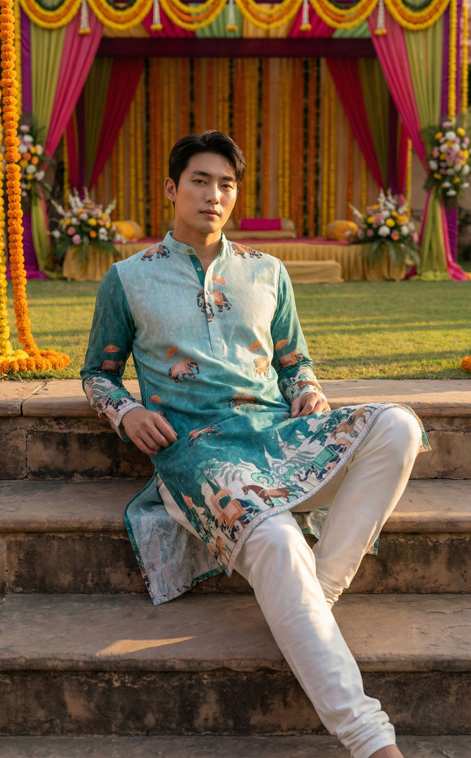 Men’s Blue Elephant Motif Printed Kurta