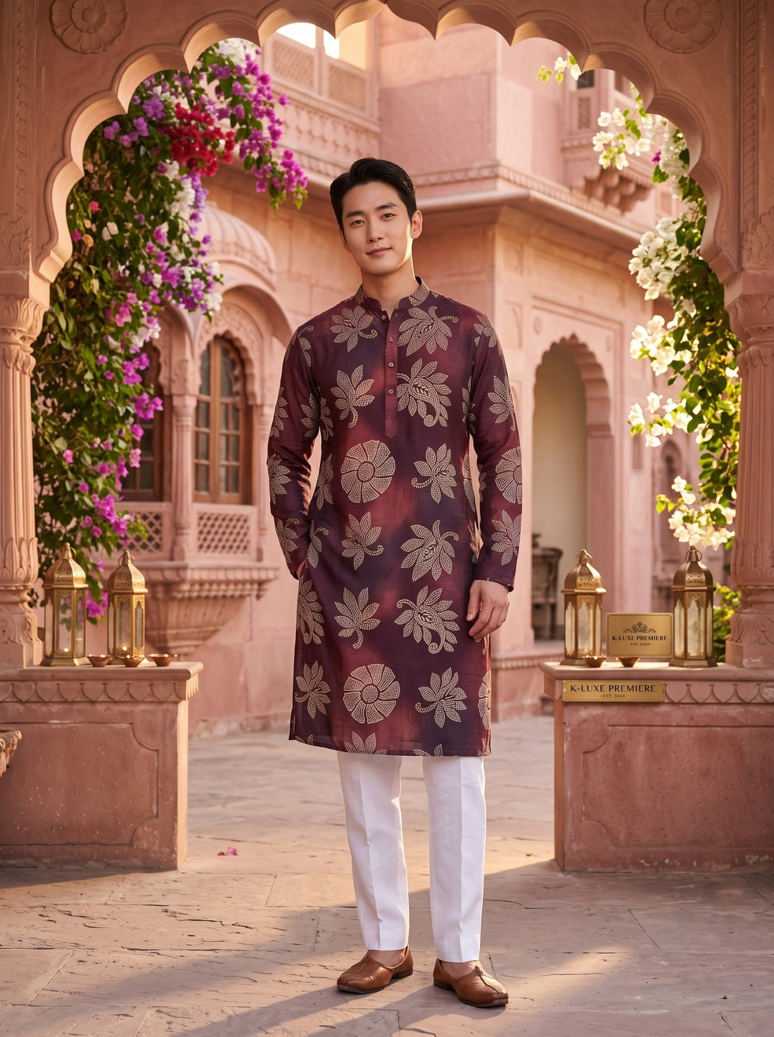 Men's Wine Maroon Beige Botanical Print Viscose Rayon Blend Kurta