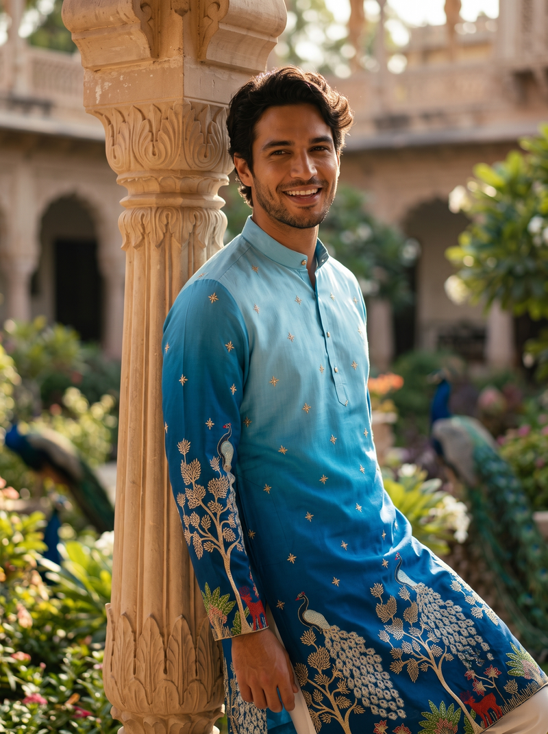 Men's Ombre Blue Peacock & Forest Embroidered Art Silk Kurta 9
