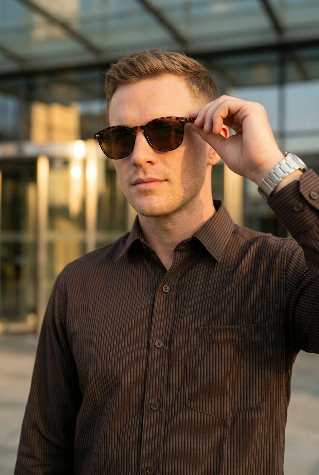 Men Brown Textured Striped Slim Fit Casual Shirt