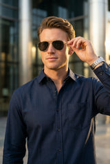 Men Navy Blue Textured Striped Slim Fit Casual Shirt 4