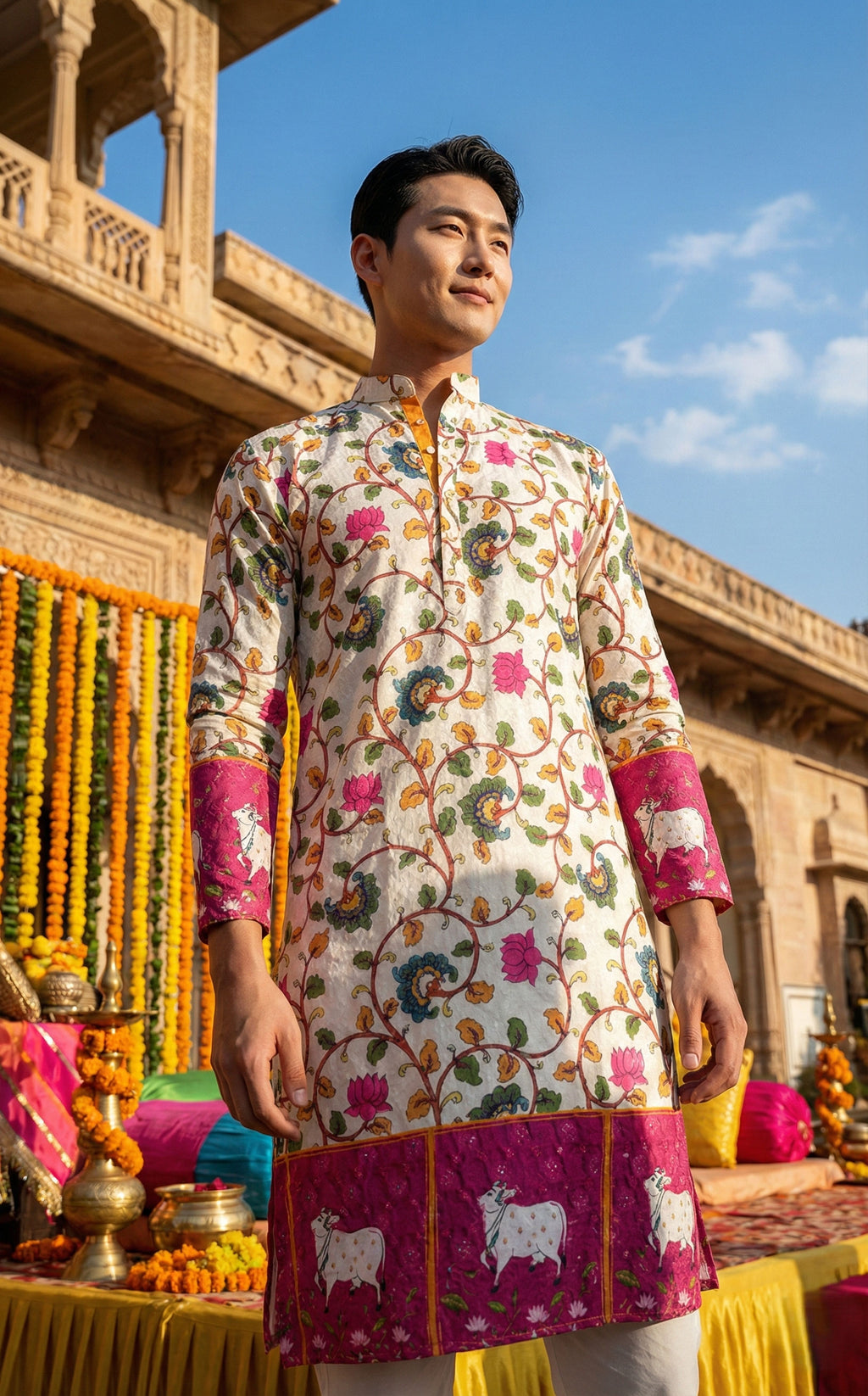 Men Off-White Floral & Ethnic Border Printed Kurta