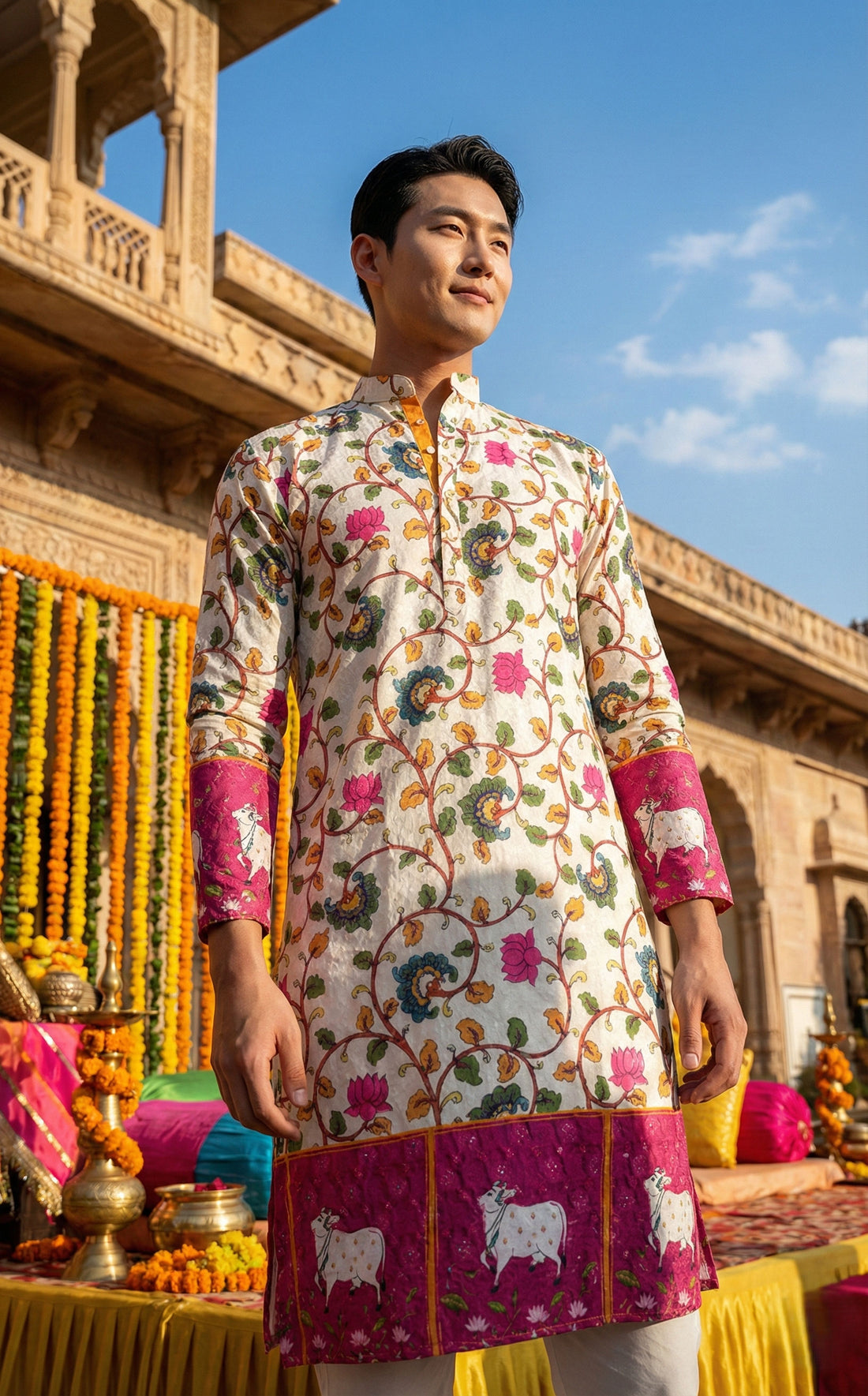 Men’s Off-White Floral Border Printed Kurta