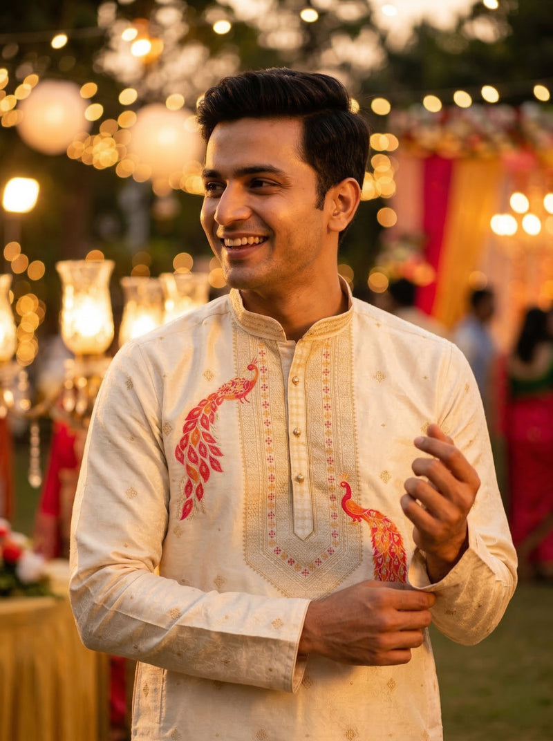 Men Cream Peacock Embroidered Ethnic Kurta with Floral Border 4