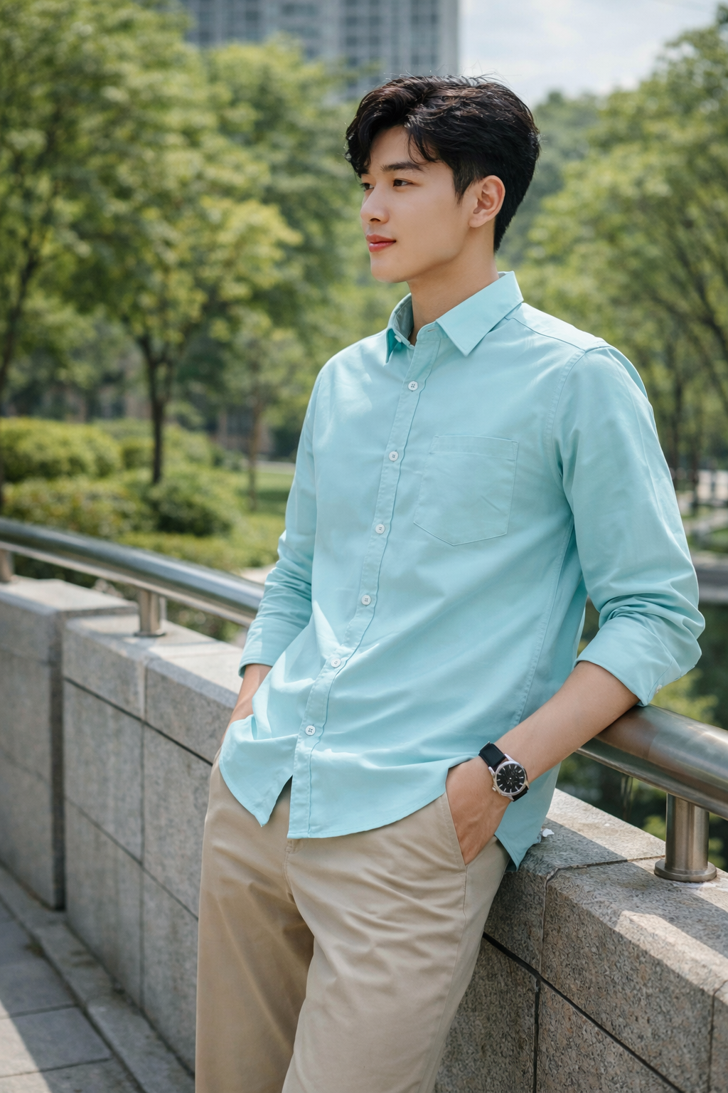 Men's mint blue slim-fit casual shirt, product view