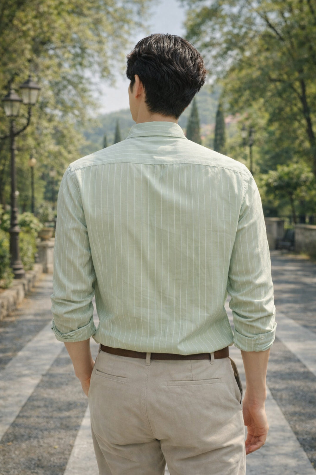 Mens Light Green Striped Slim Fit Casual Shirt
