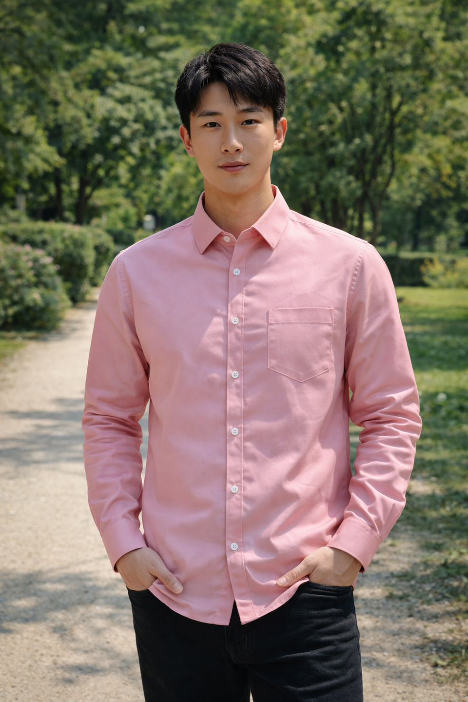 Men's pink slim-fit casual shirt, product view