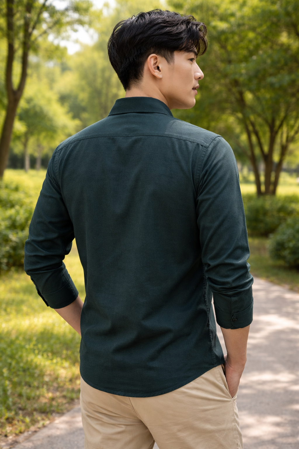 Men's dark green slim-fit casual shirt, product view