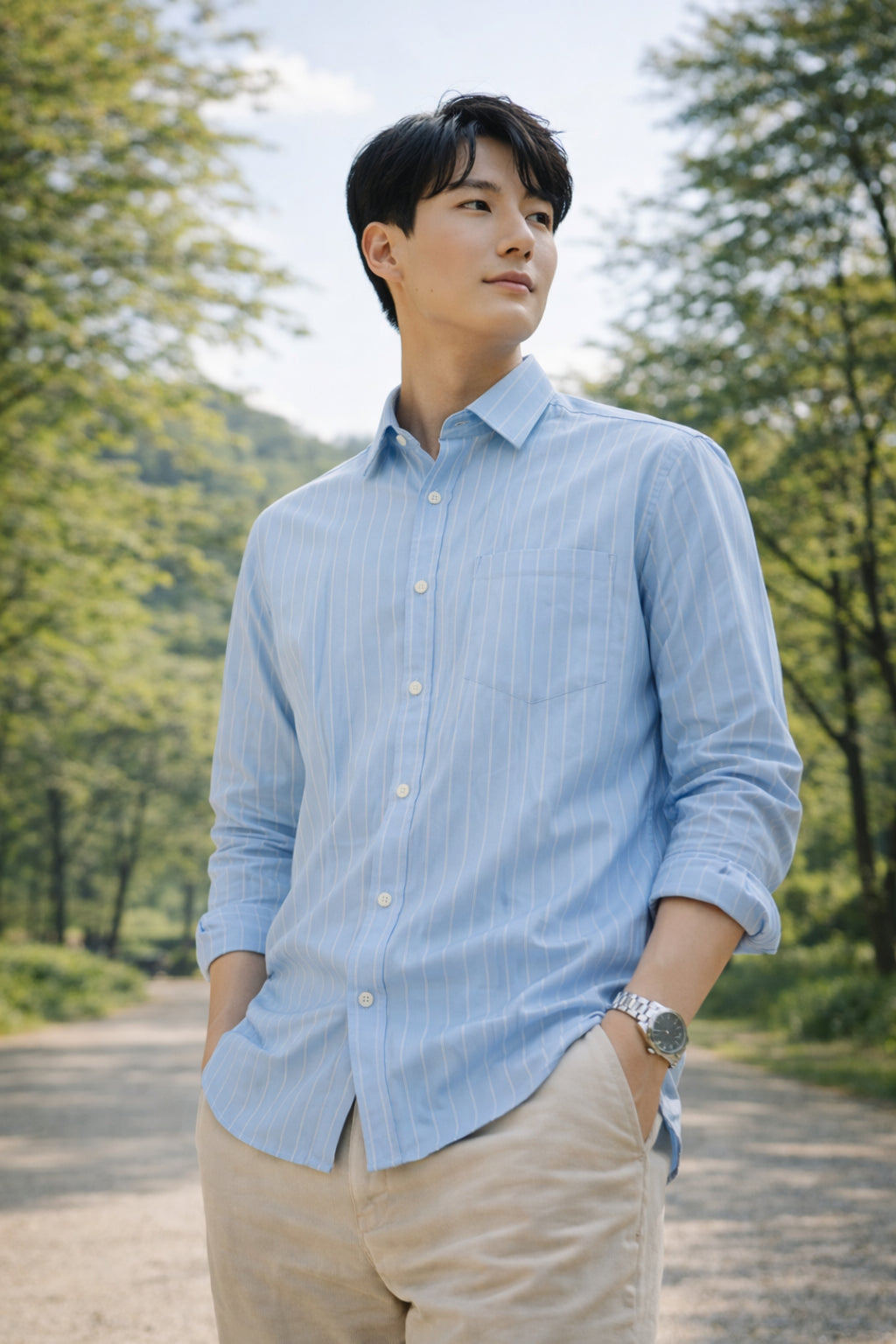 Mens Light Blue Striped Slim Fit Casual Shirt