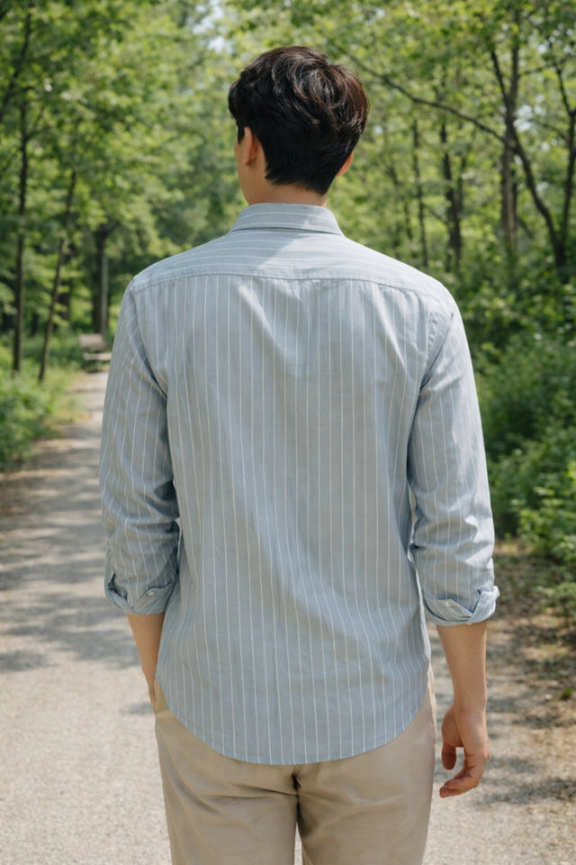 Mens Light Grey Striped Slim Fit Casual Shirt
