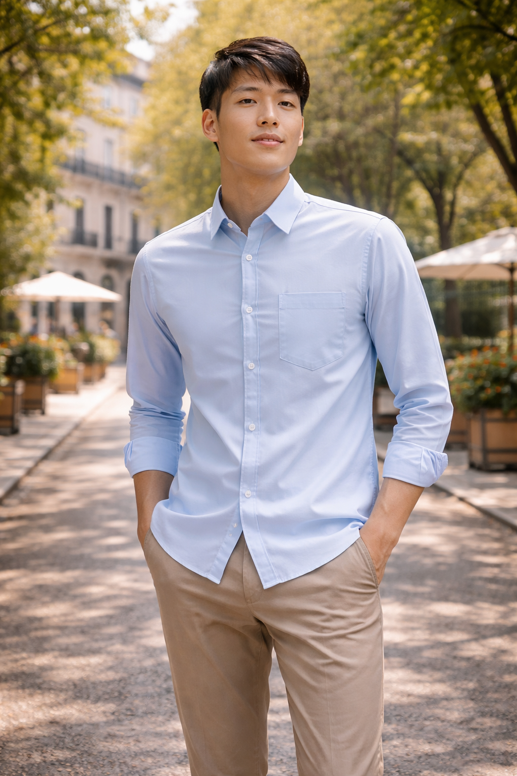 Men's sky blue slim-fit casual shirt, product view