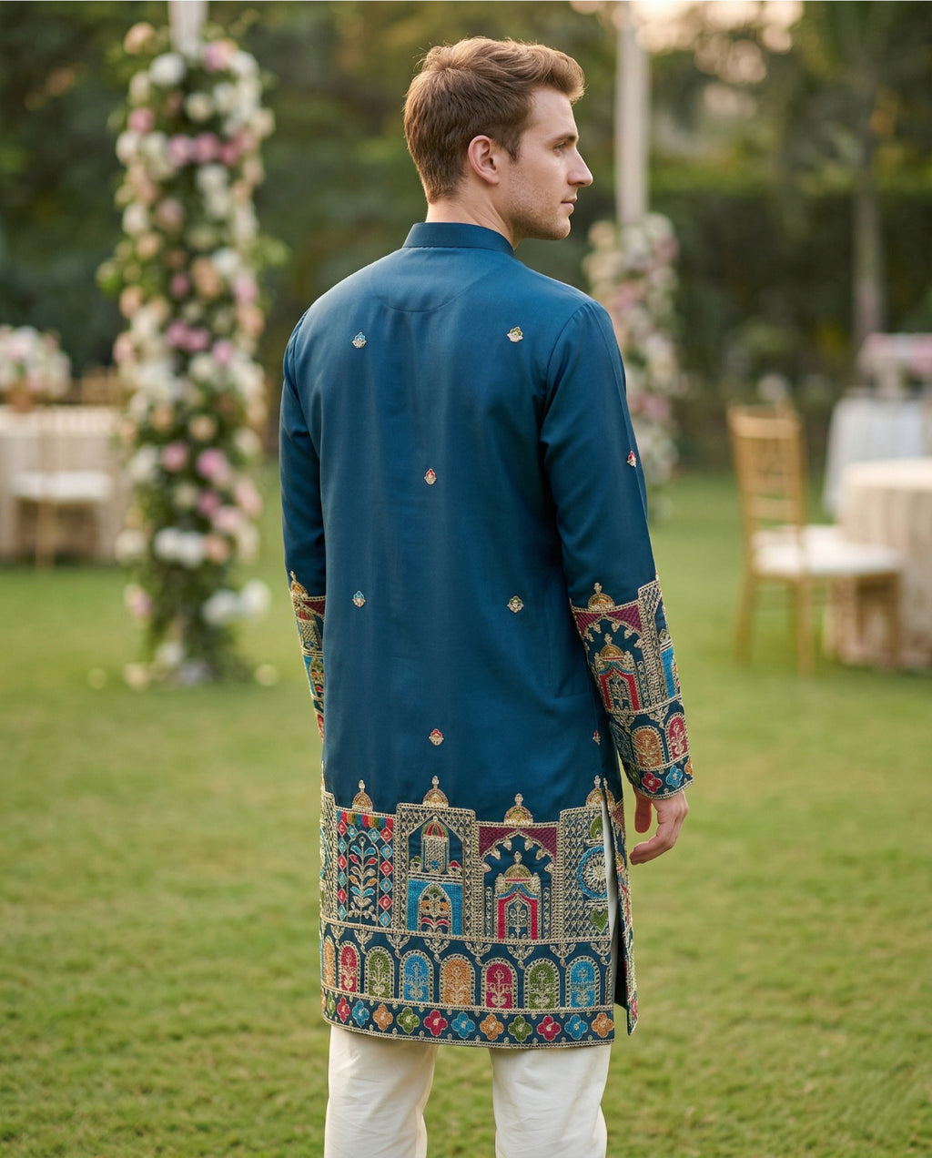 Men Blue Kurta for Festive & Wedding Wear with Ethnic Border