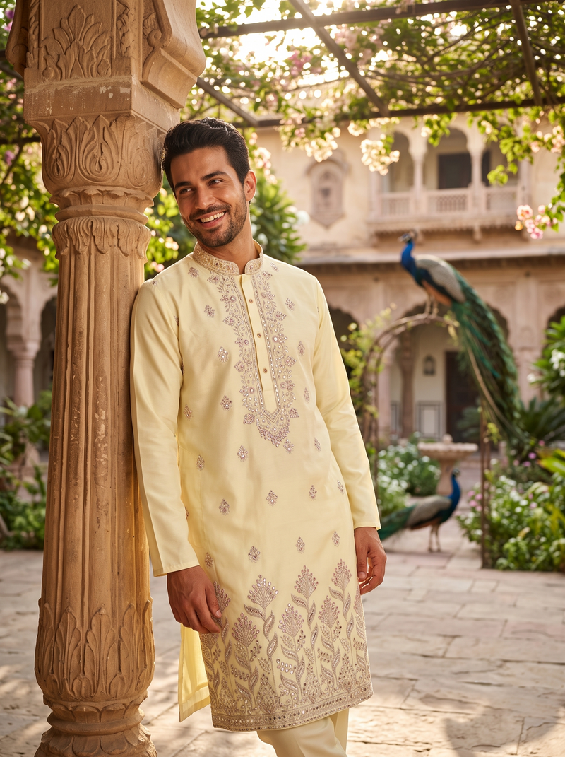 Men's Ivory Art Silk Blend Festive Embroidered Kurta 10