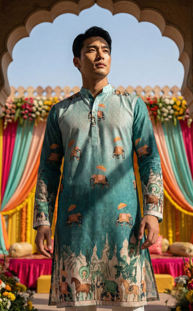 Men’s Blue Elephant Motif Printed Kurta