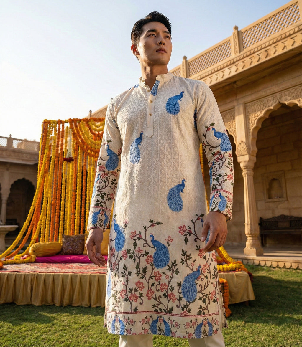 Men Cream Peacock Motif Printed Ethnic Kurta