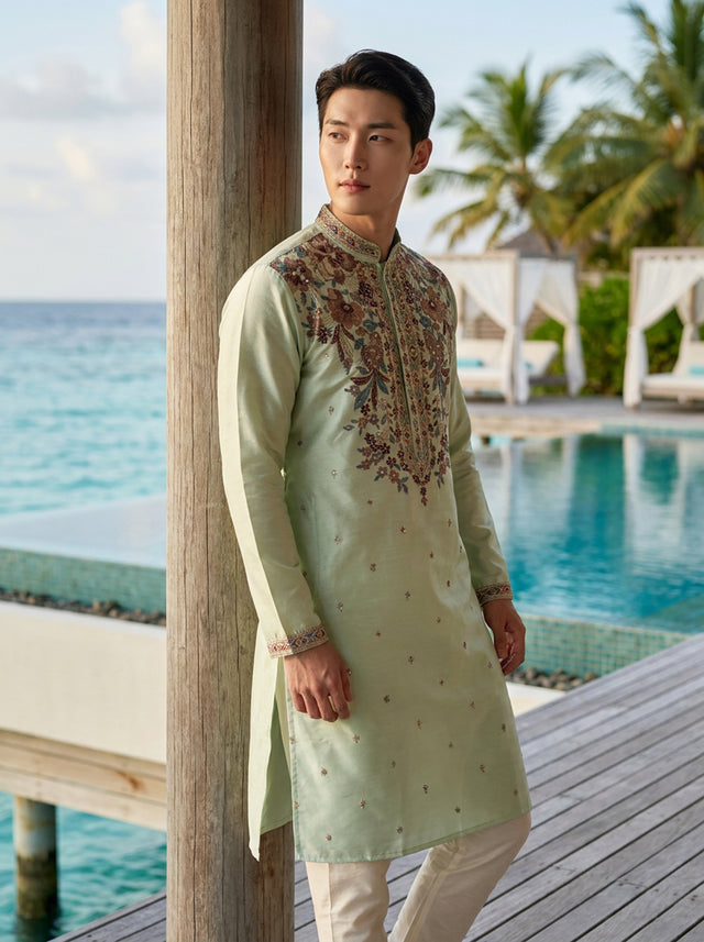 Men's Mint Green Art Silk Embroidered Festive Kurta
