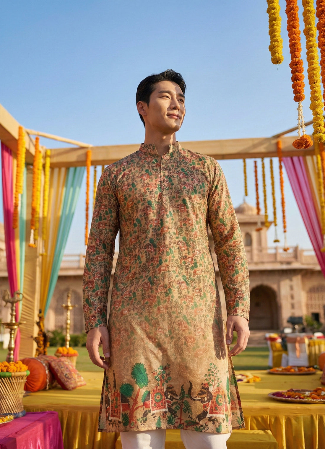 Men’s Beige Village Motif Printed Kurta