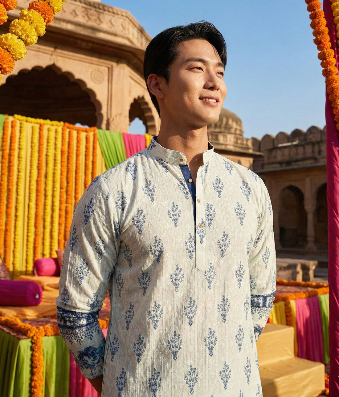 Men’s Cream & Blue Ethnic Motif Printed Kurta