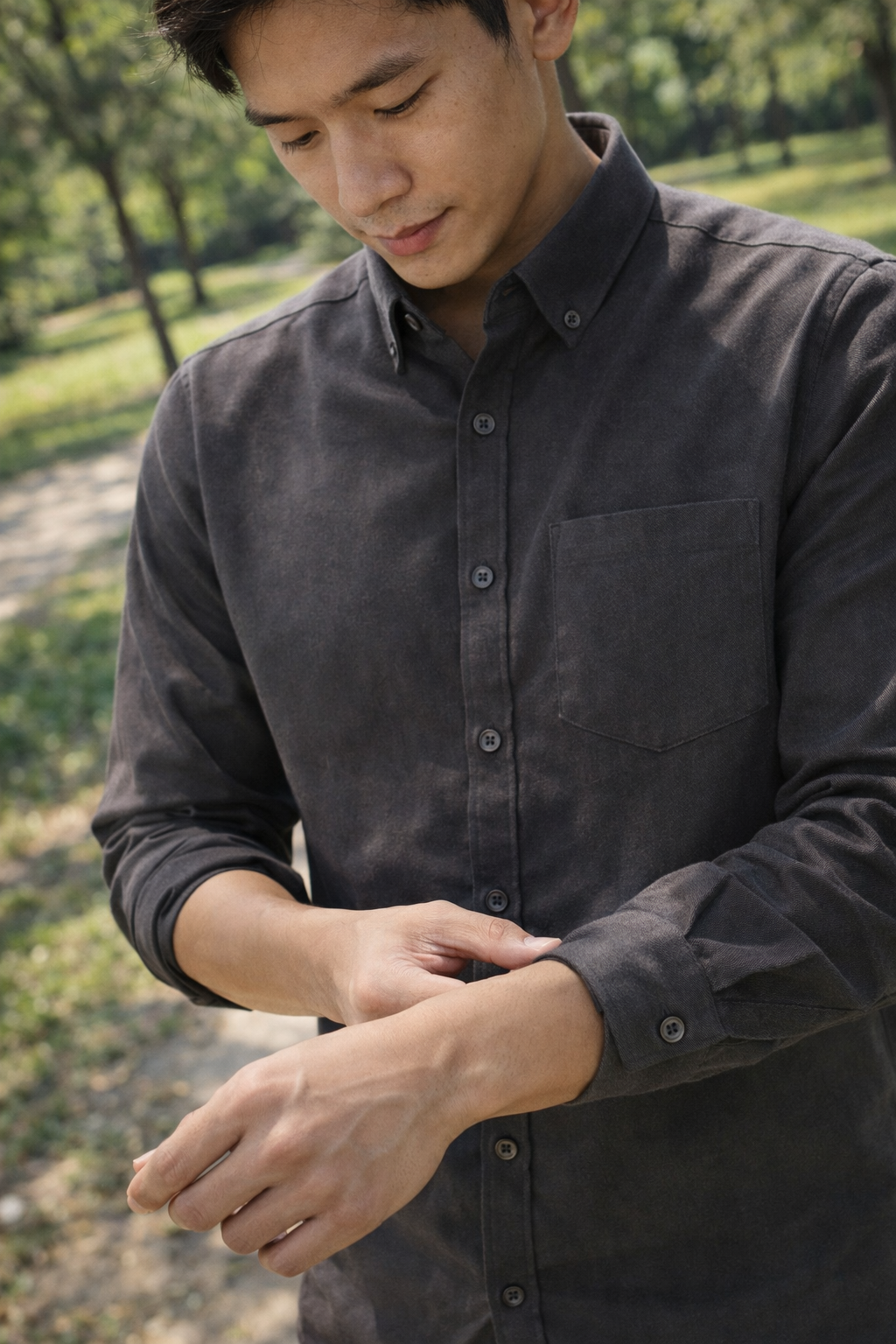 Men's charcoal slim-fit casual shirt, product view