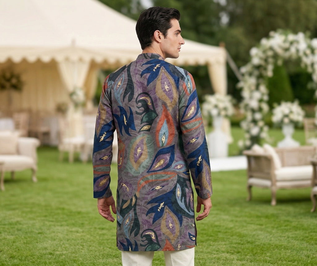 Men Grey Multicolor Abstract Leaf Printed Kurta