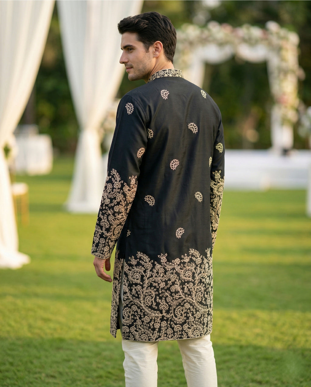 Men Black Embroidered Ethnic Kurta with Gold Detailing