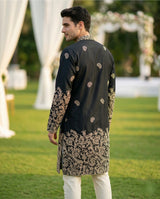 Men Black Embroidered Ethnic Kurta with Gold Detailing 5