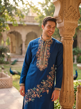 Men's Navy Blue Floral Embroidered Art Silk Blend Kurta Pyjama Set 2