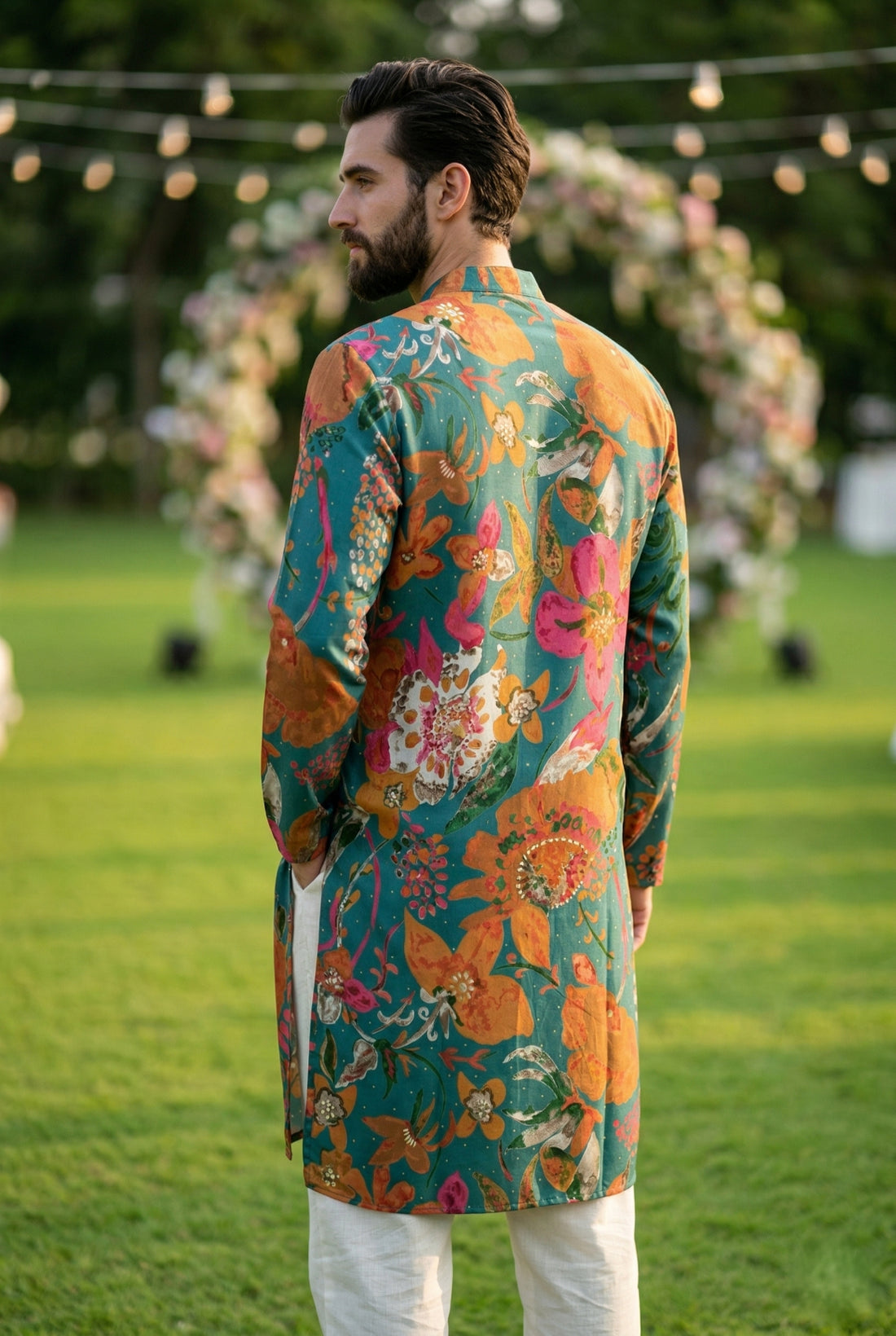 Men Teal Green Floral Printed Kurta