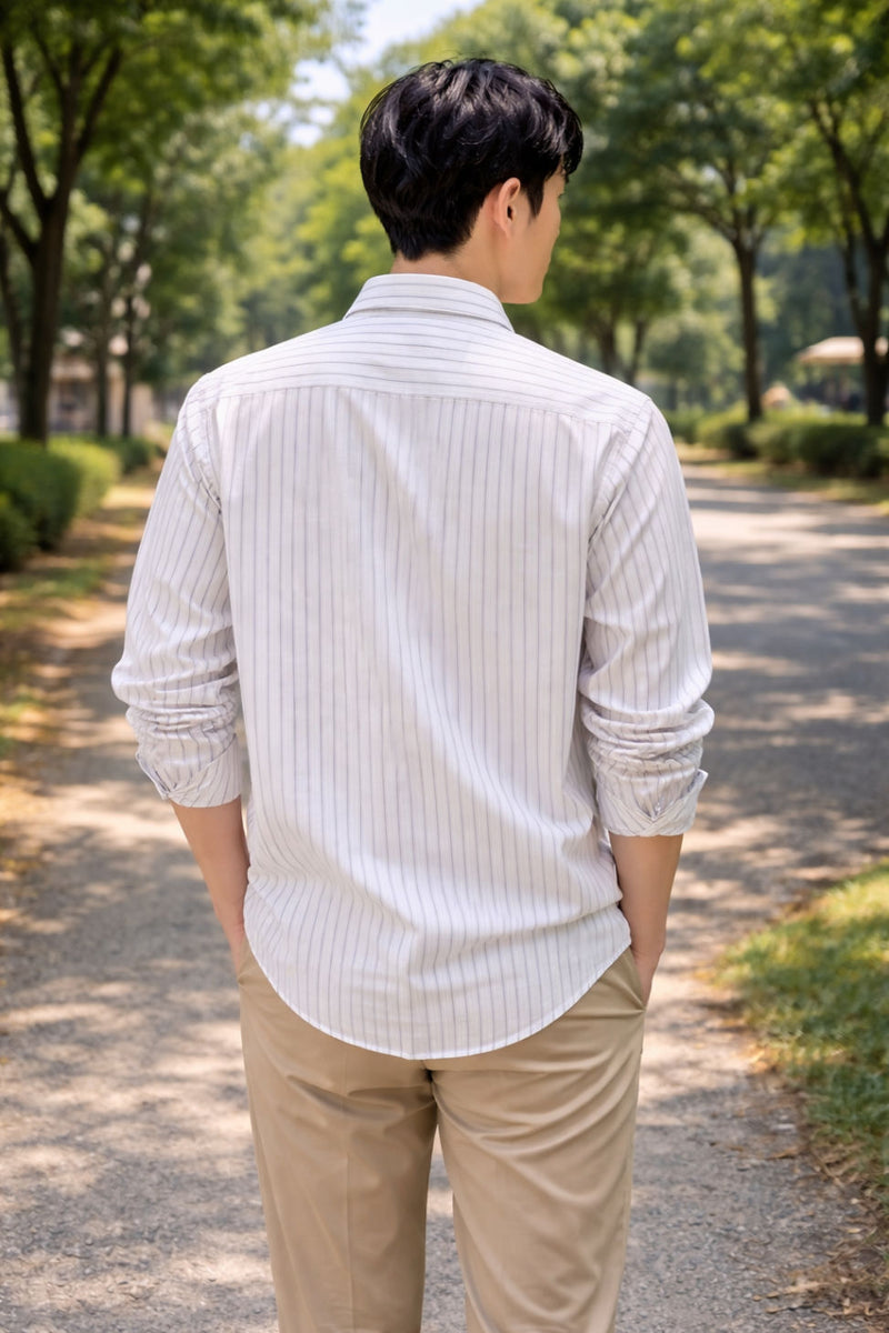 Mens White Striped Slim Fit Casual Shirt 8