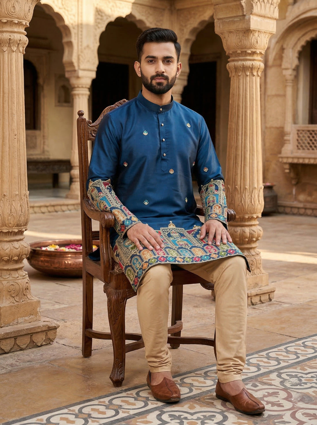 Men Blue Kurta for Festive & Wedding Wear with Ethnic Border