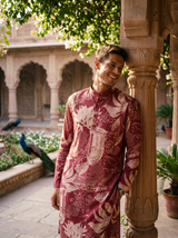 Men's Maroon Floral & Architectural Print Art Silk Blend Kurta 3