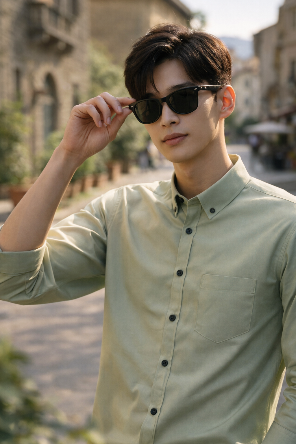 Men's sage green slim-fit casual shirt, product view