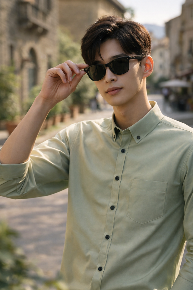 Men's sage green slim-fit casual shirt, product view