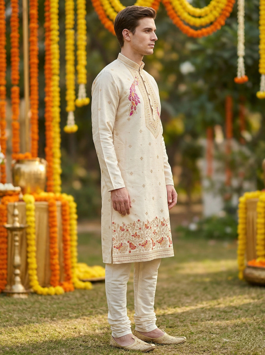 Men Cream Peacock Embroidered Ethnic Kurta with Floral Border