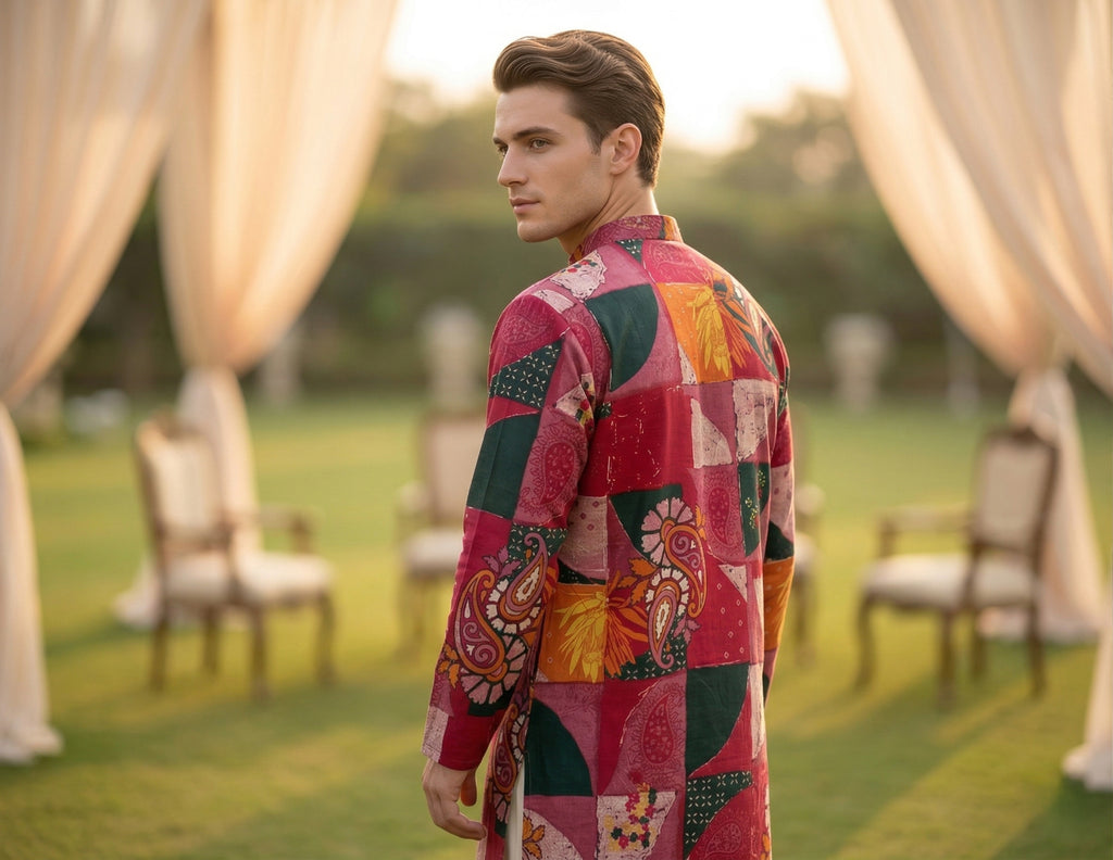 Men Maroon Patchwork Printed Ethnic Kurta