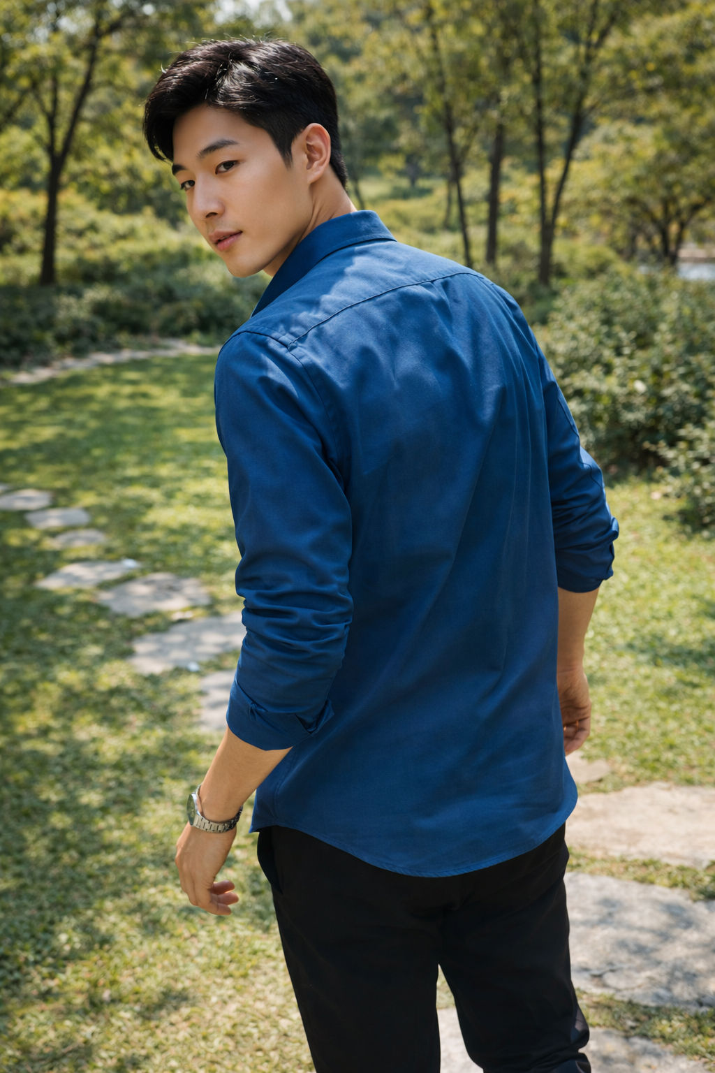 Men's royal blue slim-fit casual shirt, product view