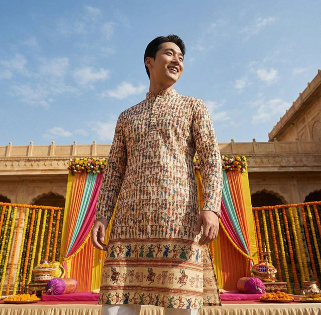 Men’s Cream Figurative Printed Kurta