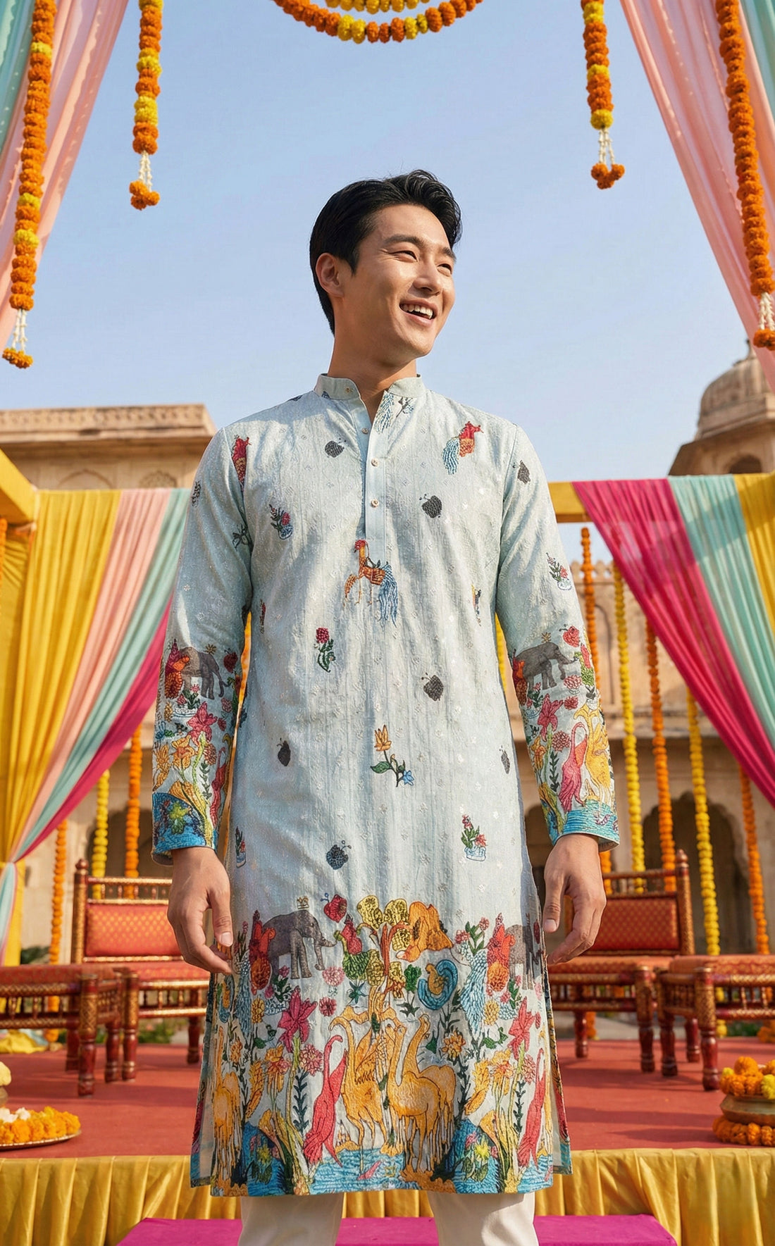 Men’s Pastel Blue Animal & Floral Printed Kurta