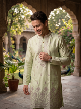 Men's Pistachio Green Embroidered Art Silk Kurta 3
