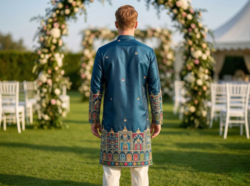 Men Blue Kurta for Festive & Wedding Wear with Ethnic Border