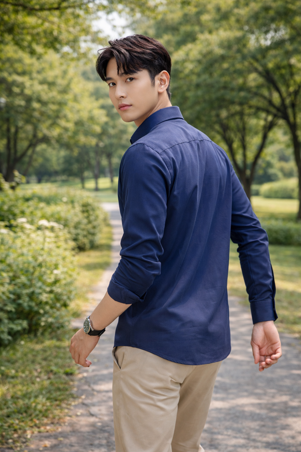 Men's navy blue slim-fit casual shirt, product view