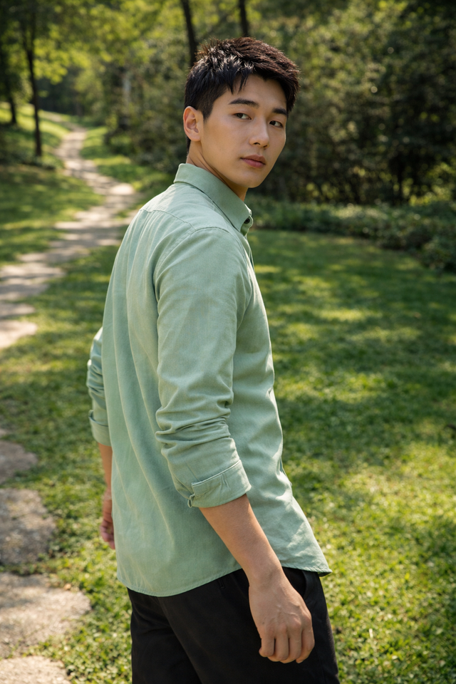 Men's mint green slim-fit casual shirt, product view