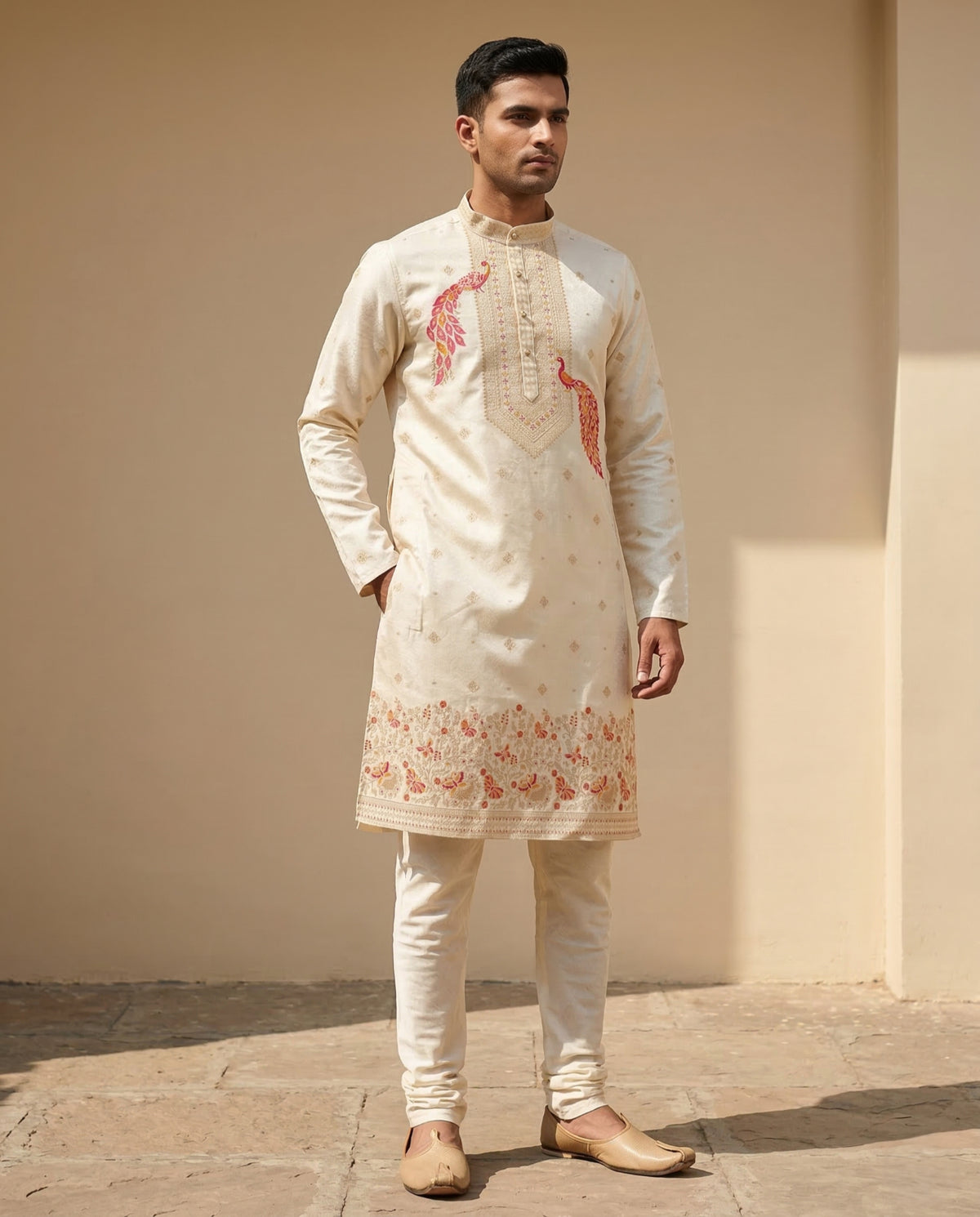 Men Cream Peacock Embroidered Ethnic Kurta with Floral Border