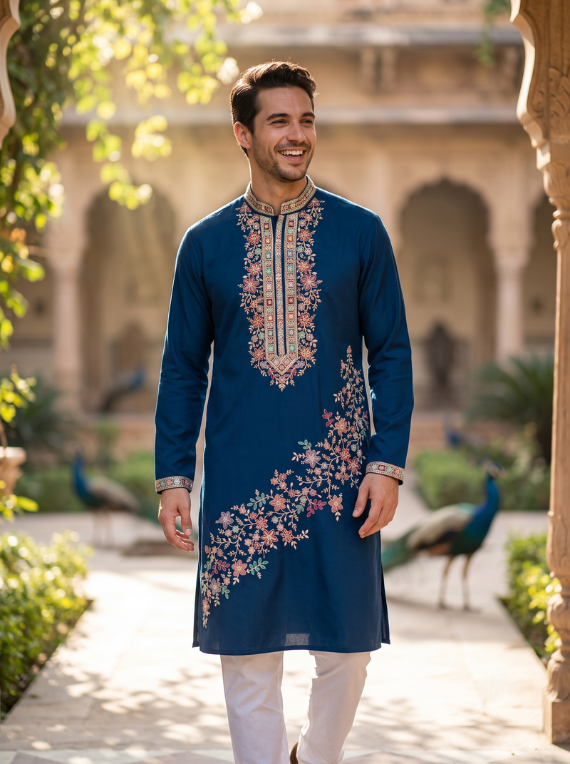 Men's Navy Blue Floral Embroidered Art Silk Blend Kurta Pyjama Set 3
