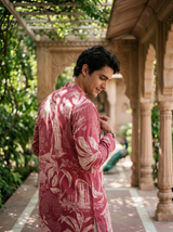 Men's Maroon Floral & Architectural Print Art Silk Blend Kurta 4