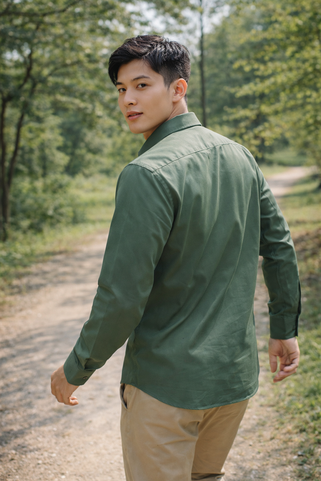 Men's dusty green slim-fit casual shirt, product view